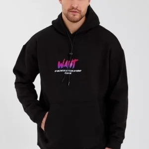 Alternative view of Erkek Baskılı Üç İplik Kapüşonlu Oversize Sweatshirt - Siyah