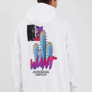 Alternative view of Erkek Baskılı Üç İplik Kapüşonlu Oversize Sweatshirt - Beyaz
