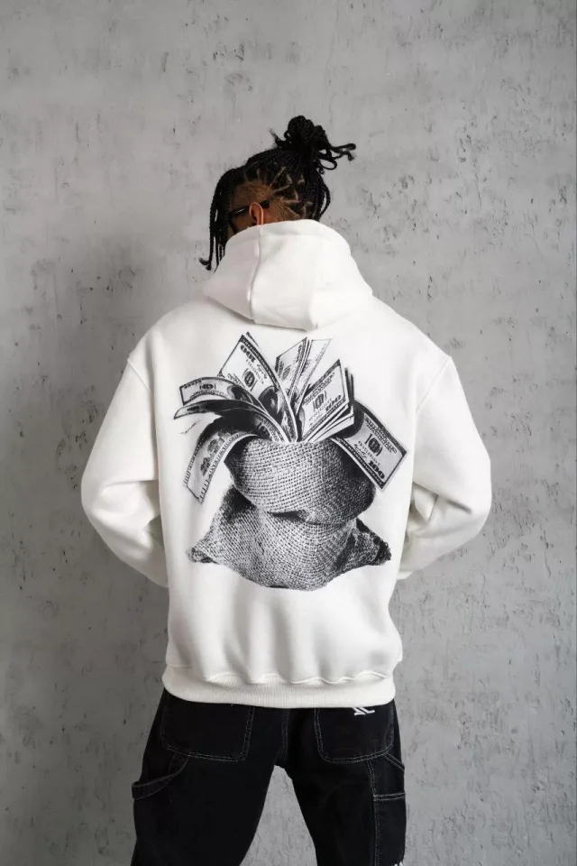Erkek Kanguru Cep Baskılı Kapüşonlu Sweatshirt - Beyaz - Görsel 2