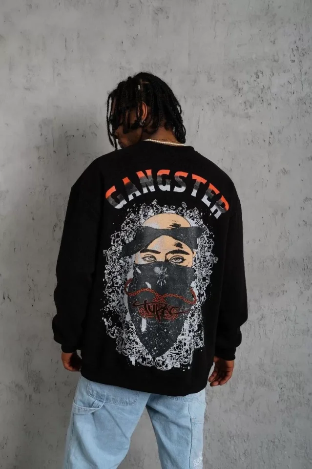 Erkek 3 İplik Gangster Baskılı Sweatshirt - Siyah - Görsel 2