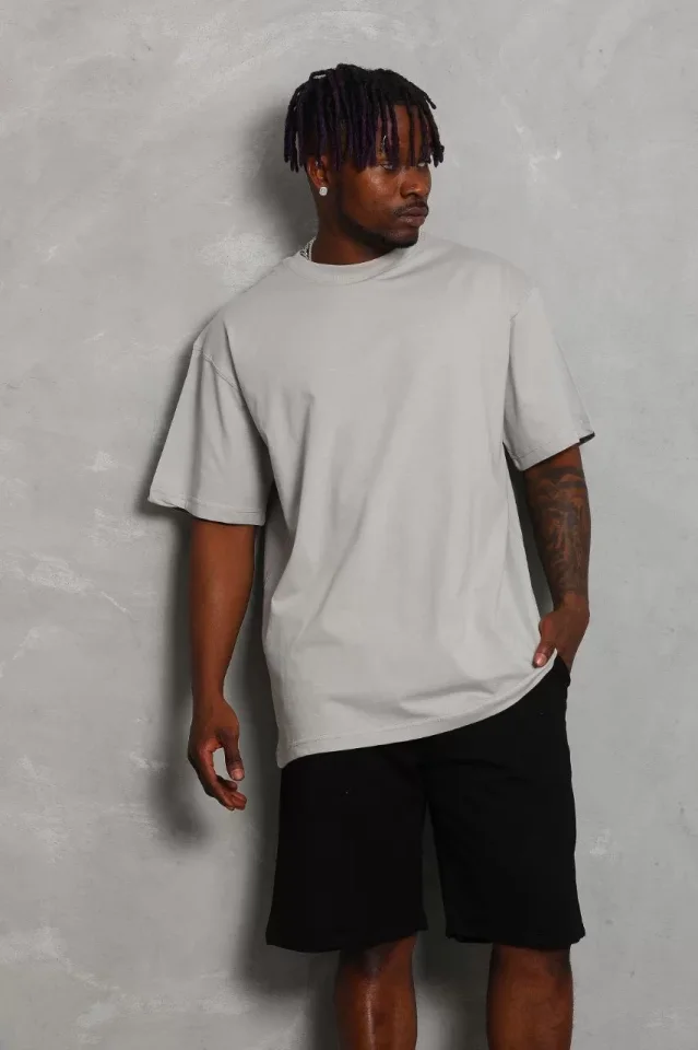 Unisex Oversize Düz Bisiklet Yaka T-Shirt - Gri - Görsel 4