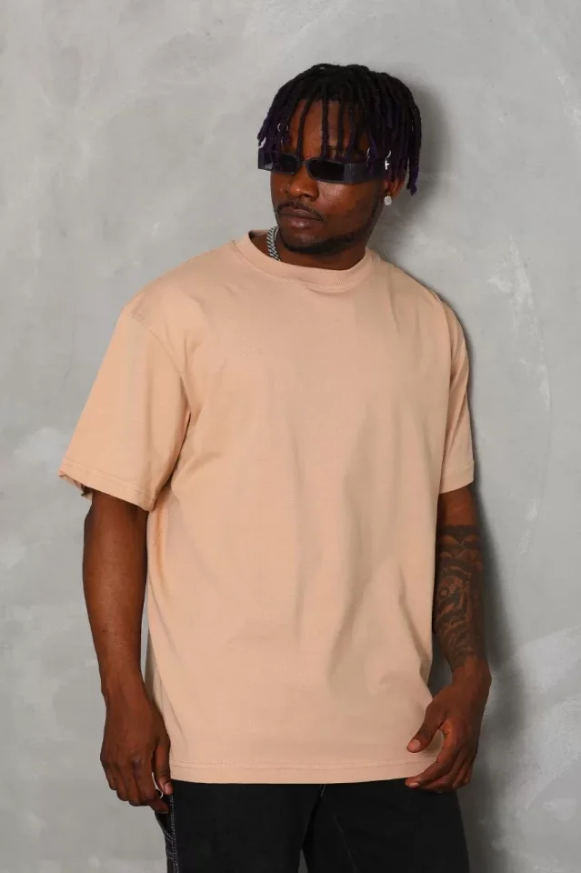 Unisex Oversize Düz Bisiklet Yaka T-Shirt - Bej - Görsel 3