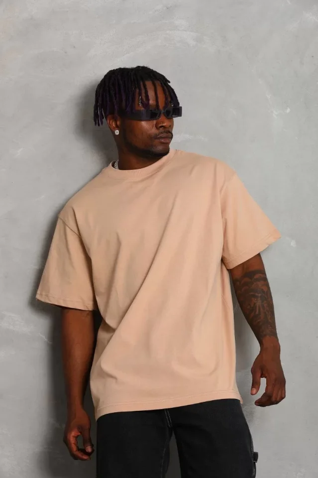 Unisex Oversize Düz Bisiklet Yaka T-Shirt - Bej - Görsel 4
