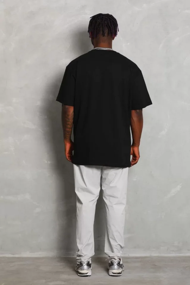 Unisex Oversize Düz Bisiklet Yaka T-Shirt - Siyah - Görsel 2