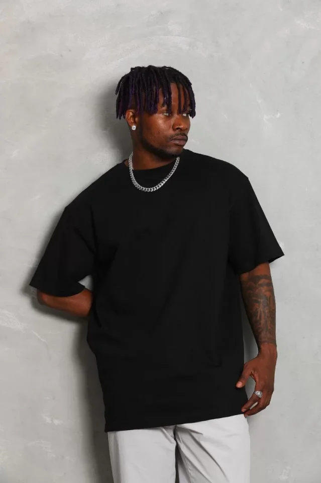 Unisex Oversize Düz Bisiklet Yaka T-Shirt - Siyah - Görsel 3