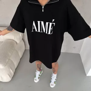 Unisex Yarım Fermuarlı Baskılı T-Shirt - Siyah