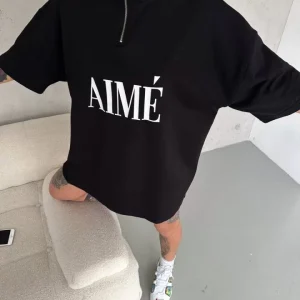 Alternative view of Unisex Yarım Fermuarlı Baskılı T-Shirt - Siyah