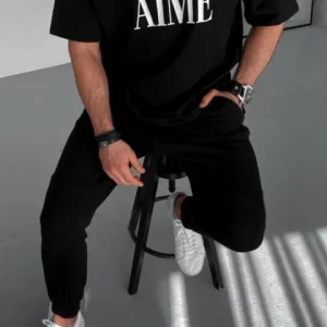 Alternative view of Unisex Yarım Fermuarlı Baskılı T-Shirt - Siyah