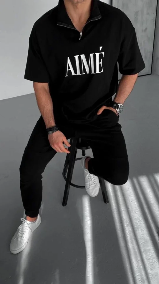 Unisex Yarım Fermuarlı Baskılı T-Shirt - Siyah - Görsel 2