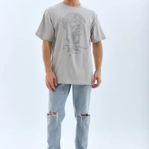 Unisex Oversize Taşlı Bisiklet Yaka T-Shirt - Gri