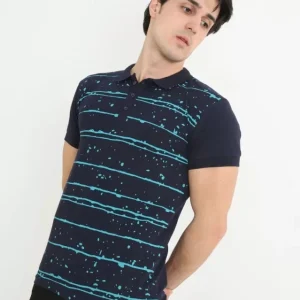 Alternative view of Erkek Yakalı Slim Fit Pike Çizgili T-Shirt - Lacivert