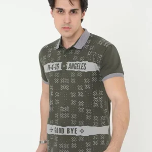 Erkek Yakalı Slim Fit Baskılı T-Shirt - Haki