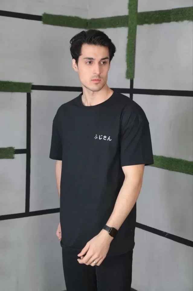 Unisex Bisiklet Yaka Baskılı Oversize T-Shirt - Siyah - Görsel 2