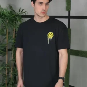 Alternative view of Unisex Bisiklet Yaka Baskılı Oversize T-Shirt - Siyah