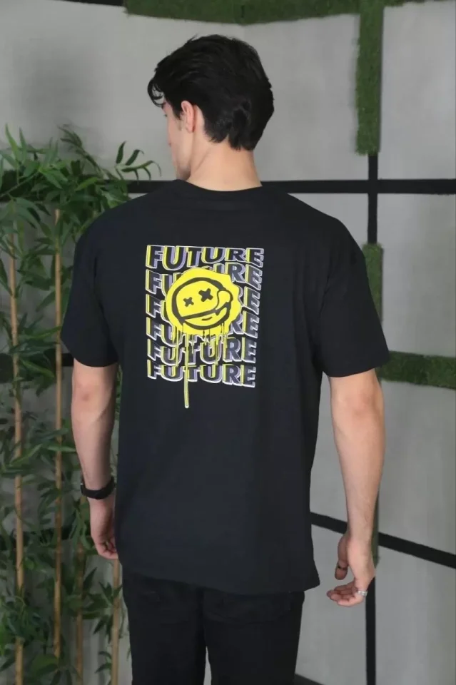 Unisex Bisiklet Yaka Baskılı Oversize T-Shirt - Siyah - Görsel 3