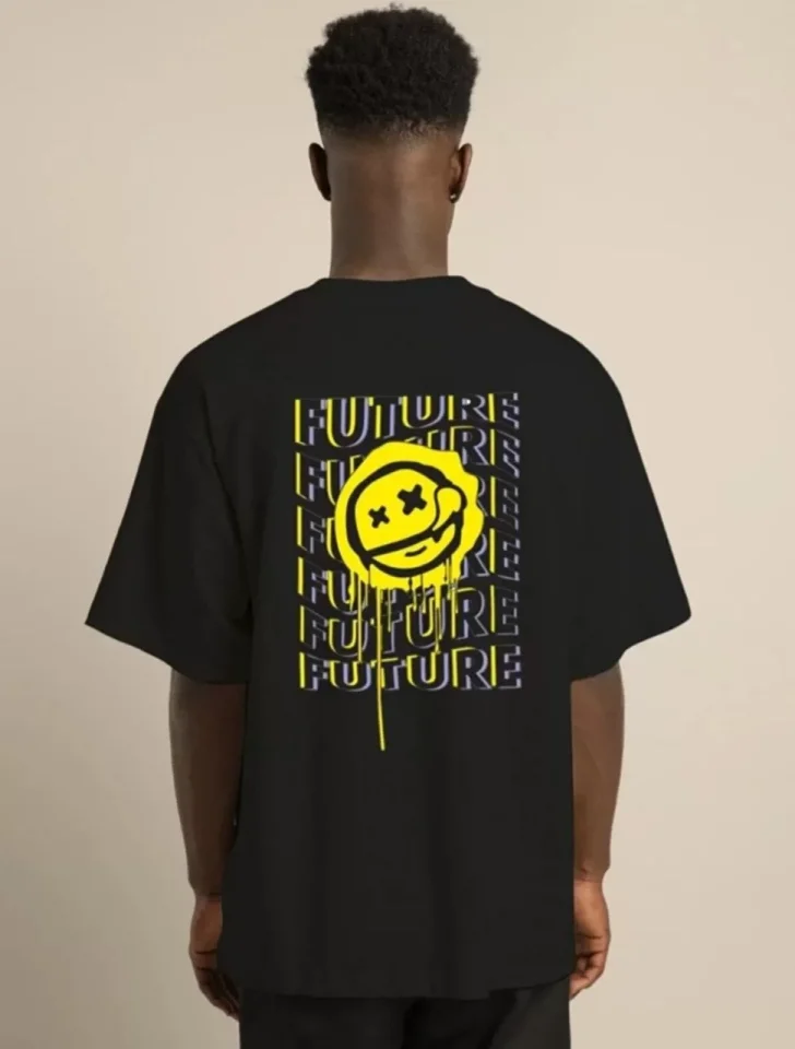 Unisex Bisiklet Yaka Baskılı Oversize T-Shirt - Siyah - Görsel 4