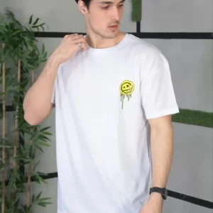 Alternative view of Unisex Bisiklet Yaka Baskılı Oversize T-Shirt - Beyaz