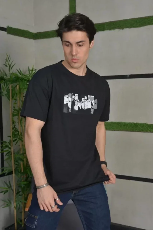 Unisex Bisiklet Yaka Baskılı Oversize T-Shirt - Siyah - Görsel 2