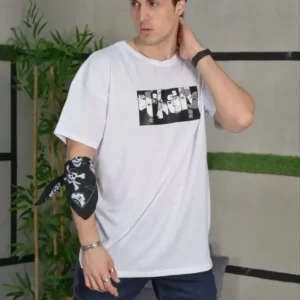 Alternative view of Unisex Bisiklet Yaka Baskılı Oversize T-Shirt - Beyaz