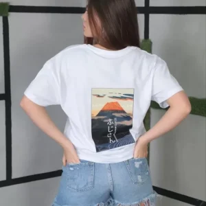 Alternative view of Unisex Bisiklet Yaka Baskılı Oversize T-Shirt- Beyaz