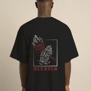 Alternative view of Unisex Bisiklet Yaka Oversize Baskılı T-Shirt - Siyah