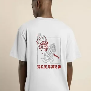 Alternative view of Unisex Bisiklet Yaka Oversize Baskılı T-Shirt - Beyaz