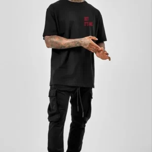 Alternative view of Unisex Bisiklet Yaka Oversize Baskılı T-Shirt - Siyah