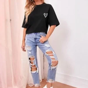 Alternative view of Bisiklet Yaka Baskılı Oversize T-Shirt - Siyah