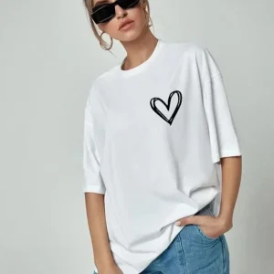 Alternative view of Bisiklet Yaka Baskılı Oversize T-Shirt - Beyaz