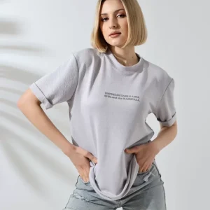 Alternative view of Unisex Bisiklet Yaka Baskılı Slim Fit T-Shirt - Boyalı Gri