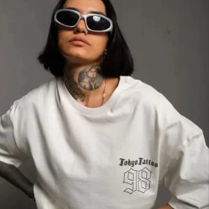 Unisex Bisiklet Yaka Baskılı Oversize T-Shirt - Beyaz