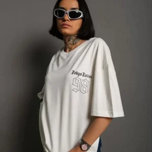 Alternative view of Unisex Bisiklet Yaka Baskılı Oversize T-Shirt - Beyaz