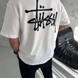Alternative view of Unisex Bisiklet Yaka Baskılı Oversize T-Shirt - Beyaz