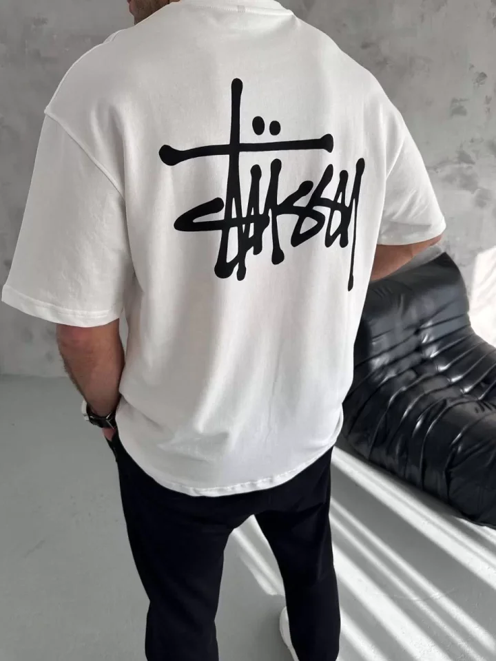 Unisex Bisiklet Yaka Baskılı Oversize T-Shirt - Beyaz - Görsel 2