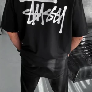 Alternative view of Unisex Bisiklet Yaka Baskılı Oversize T-Shirt - Siyah