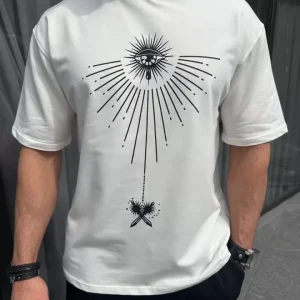 Alternative view of Unisex Bisiklet Yaka Baskılı Oversize T-Shirt - Beyaz