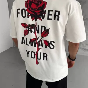 Alternative view of Unisex Bisiklet Yaka Baskılı Oversize T-Shirt - Beyaz