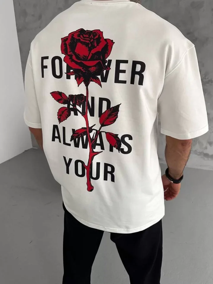 Unisex Bisiklet Yaka Baskılı Oversize T-Shirt - Beyaz - Görsel 2