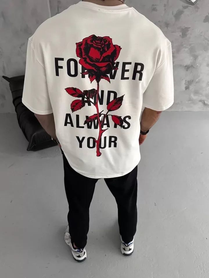 Unisex Bisiklet Yaka Baskılı Oversize T-Shirt - Beyaz - Görsel 3