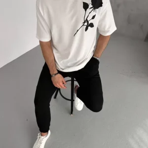Alternative view of Unisex Bisiklet Yaka Baskılı Oversize T-Shirt - Beyaz