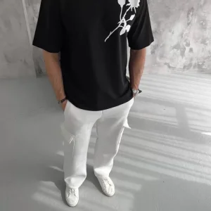 Alternative view of Unisex Bisiklet Yaka Baskılı Oversize T-Shirt - Siyah