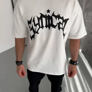 Unisex Bisiklet Yaka Baskılı Oversize T-Shirt - Beyaz