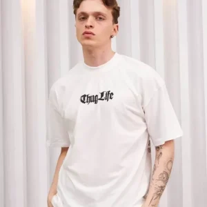 Unisex Bisiklet Yaka Baskılı Oversize T-Shirt - Beyaz