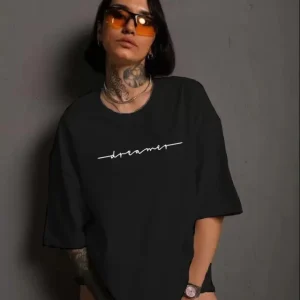Unisex Bisiklet Yaka Baskılı T-Shirt - Siyah