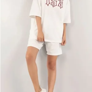 Alternative view of Unisex Nakış İşlemeli Şort Takım - Beyaz