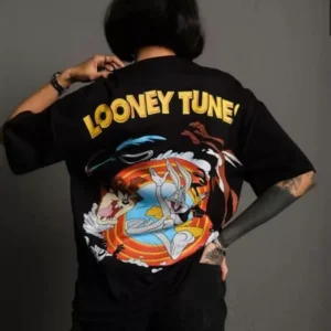 Alternative view of Unisex Bisiklet Yaka Baskılı Oversize T-Shirt - Siyah
