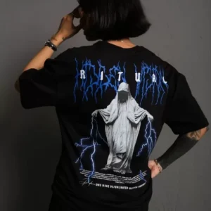 Alternative view of Unisex Bisiklet Yaka Baskılı Oversize T-Shirt - Siyah