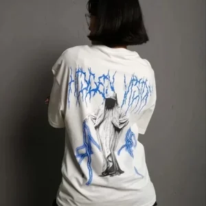 Alternative view of Unisex Bisiklet Yaka Baskılı Oversize T-Shirt - Beyaz