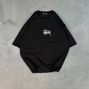 Unisex Bisiklet Yaka Baskılı Oversize T-Shirt - Siyah