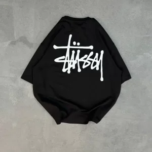 Alternative view of Unisex Bisiklet Yaka Baskılı Oversize T-Shirt - Siyah